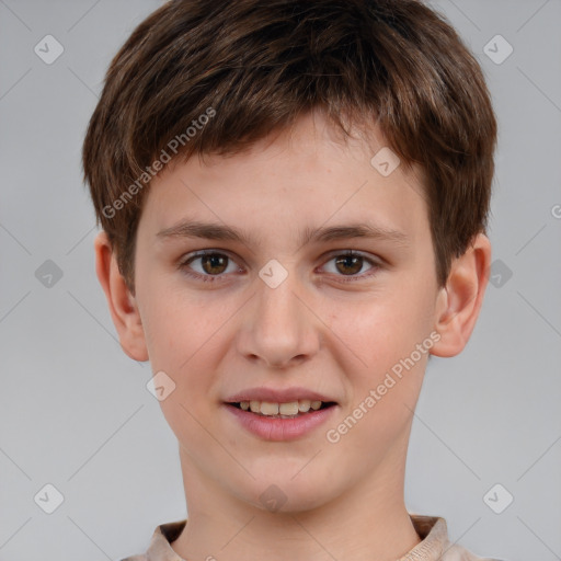 Joyful white child male with short  brown hair and brown eyes