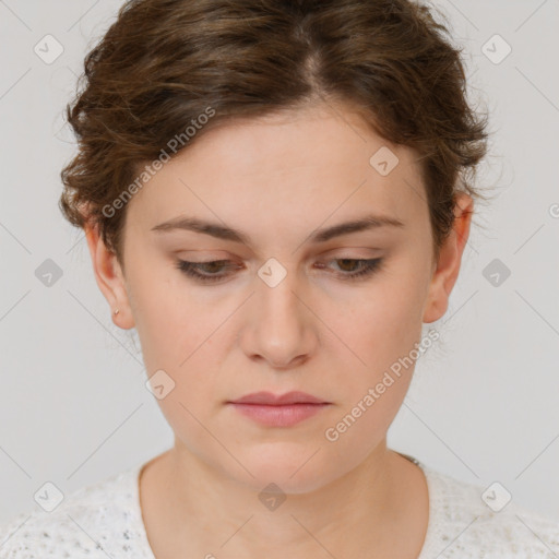 Neutral white young-adult female with short  brown hair and brown eyes