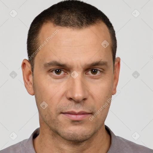 Neutral white adult male with short  brown hair and brown eyes