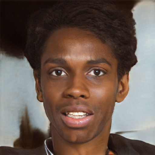 Joyful black young-adult male with short  brown hair and brown eyes