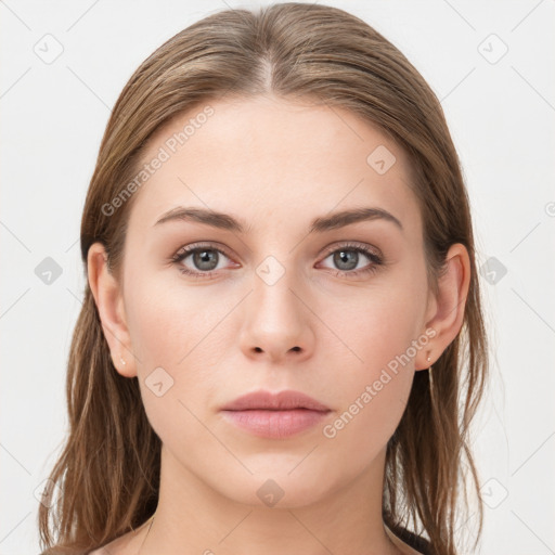 Neutral white young-adult female with long  brown hair and grey eyes