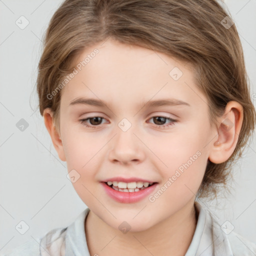 Joyful white child female with medium  brown hair and brown eyes