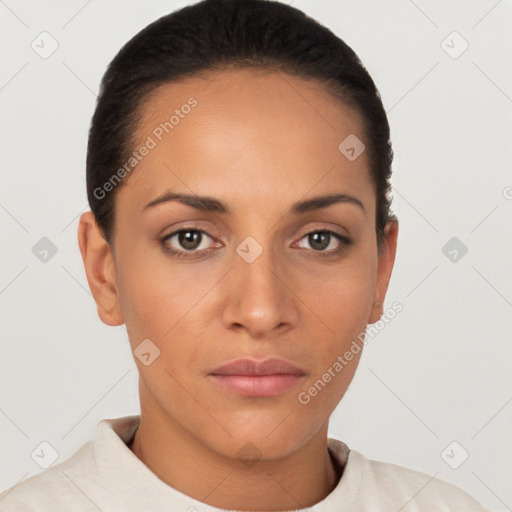 Neutral latino young-adult female with short  brown hair and brown eyes