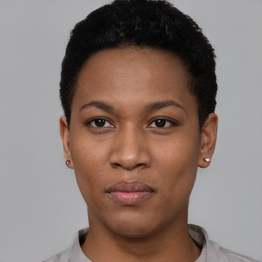 Neutral black young-adult female with short  black hair and brown eyes