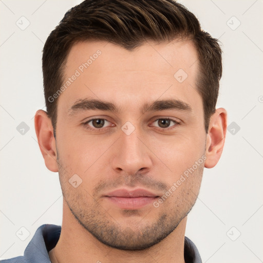 Neutral white young-adult male with short  brown hair and brown eyes