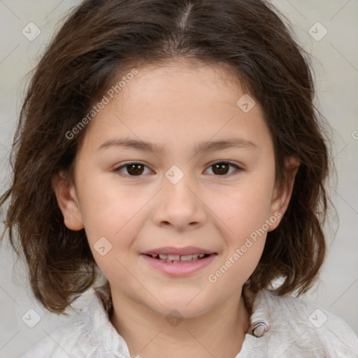 Joyful white child female with medium  brown hair and brown eyes