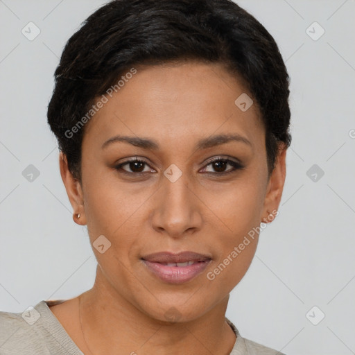 Joyful latino young-adult female with short  brown hair and brown eyes