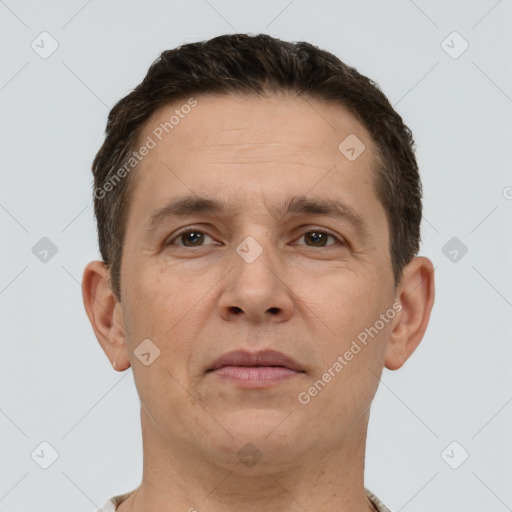 Neutral white adult male with short  brown hair and brown eyes