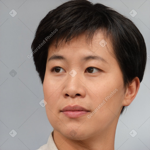 Joyful asian young-adult female with short  brown hair and brown eyes