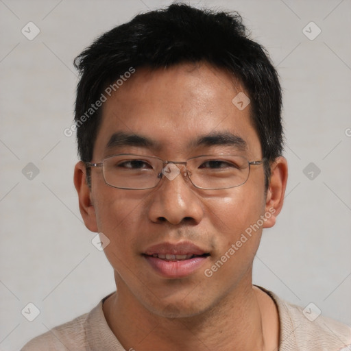 Joyful asian young-adult male with short  black hair and brown eyes