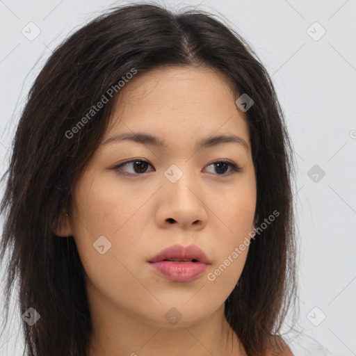 Neutral asian young-adult female with long  brown hair and brown eyes