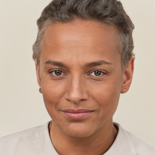 Joyful white adult female with short  brown hair and brown eyes