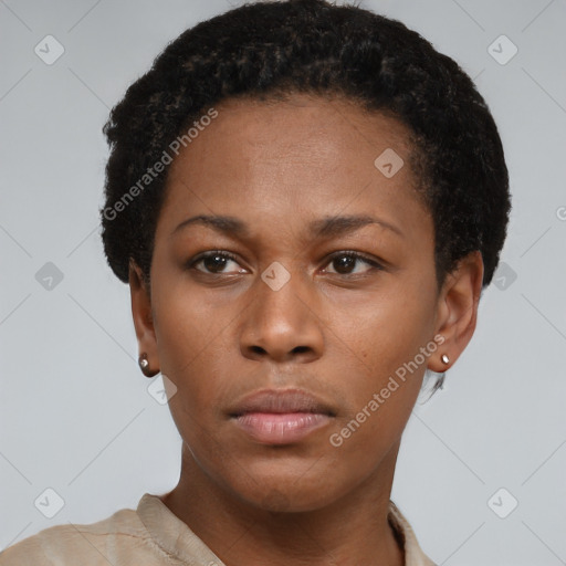 Neutral black young-adult female with short  black hair and brown eyes