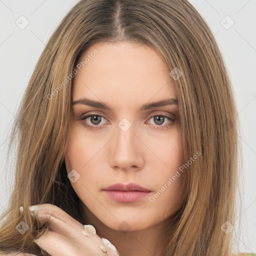 Neutral white young-adult female with long  brown hair and brown eyes