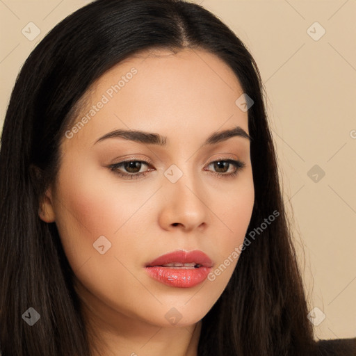 Neutral white young-adult female with long  brown hair and brown eyes