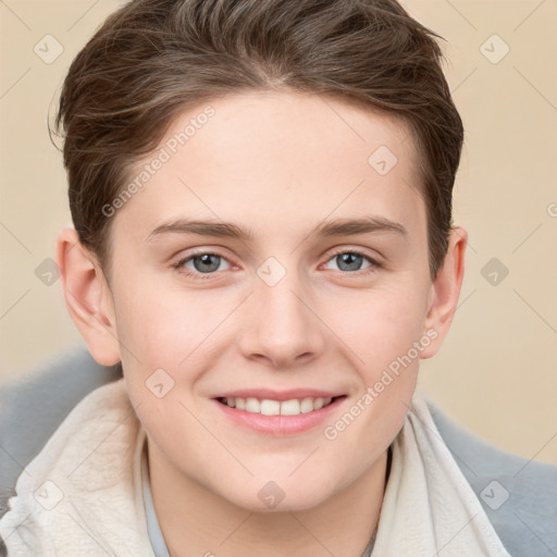 Joyful white young-adult female with short  brown hair and grey eyes