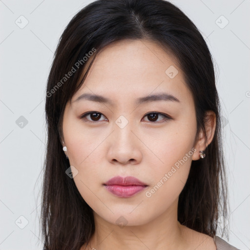 Neutral asian young-adult female with long  brown hair and brown eyes