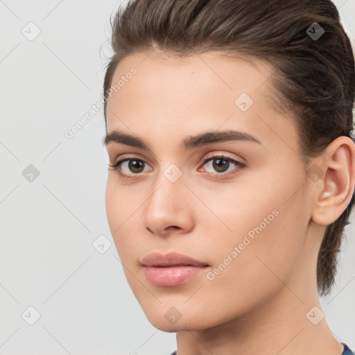 Neutral white young-adult female with medium  brown hair and brown eyes