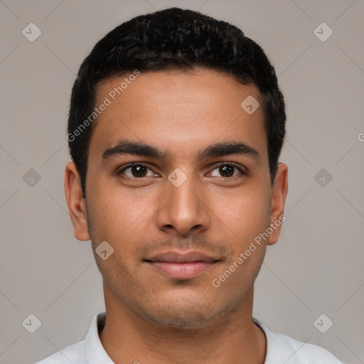 Neutral latino young-adult male with short  black hair and brown eyes