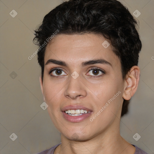 Joyful white young-adult female with short  brown hair and brown eyes