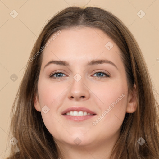 Joyful white young-adult female with long  brown hair and grey eyes