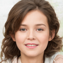 Joyful white young-adult female with medium  brown hair and green eyes