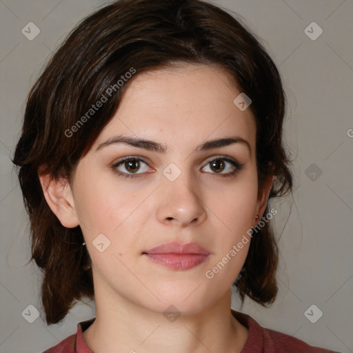 Neutral white young-adult female with medium  brown hair and brown eyes