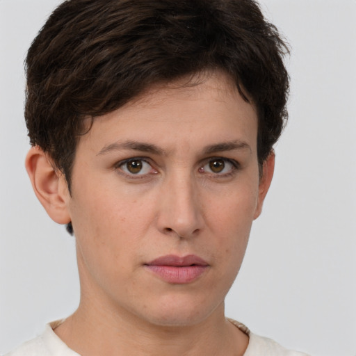 Neutral white young-adult female with short  brown hair and brown eyes