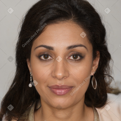 Joyful latino young-adult female with long  brown hair and brown eyes