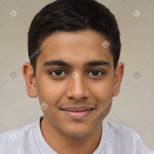 Joyful latino young-adult male with short  brown hair and brown eyes