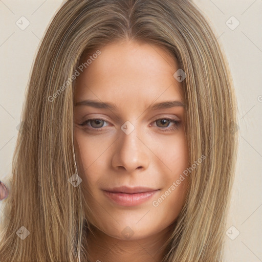 Neutral white young-adult female with long  brown hair and brown eyes