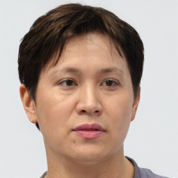 Neutral asian adult female with short  brown hair and brown eyes