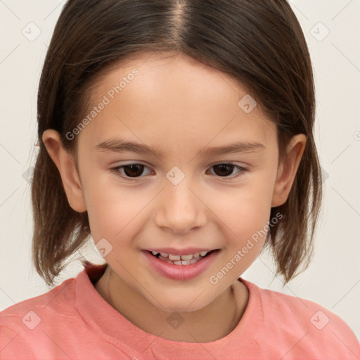 Joyful white child female with medium  brown hair and brown eyes