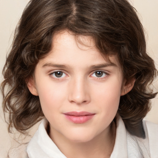 Joyful white child female with medium  brown hair and brown eyes