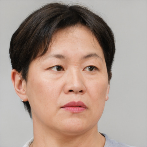 Neutral asian adult female with short  brown hair and brown eyes