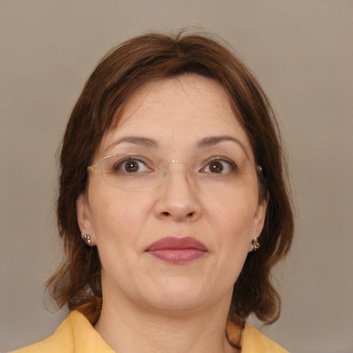 Joyful white adult female with medium  brown hair and brown eyes