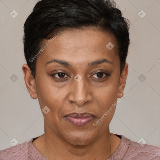 Joyful black adult female with short  brown hair and brown eyes