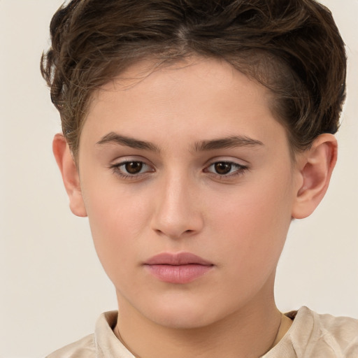 Neutral white young-adult female with short  brown hair and brown eyes