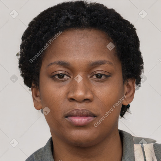 Neutral black young-adult female with short  brown hair and brown eyes