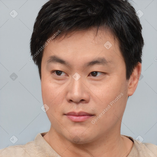 Neutral asian young-adult male with short  brown hair and brown eyes
