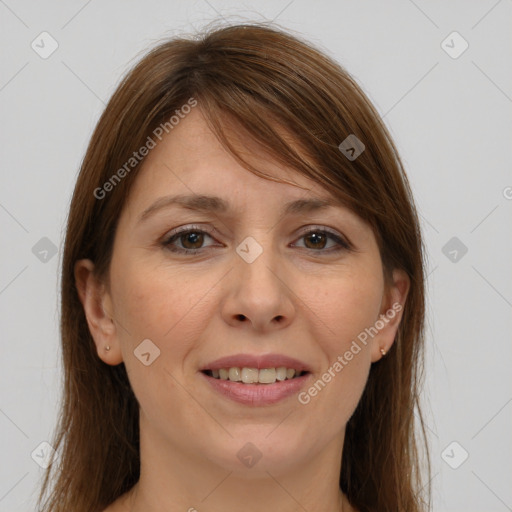 Joyful white adult female with medium  brown hair and brown eyes