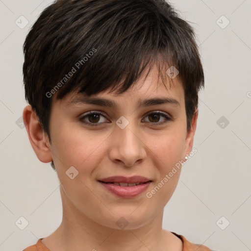 Joyful white young-adult female with short  brown hair and brown eyes