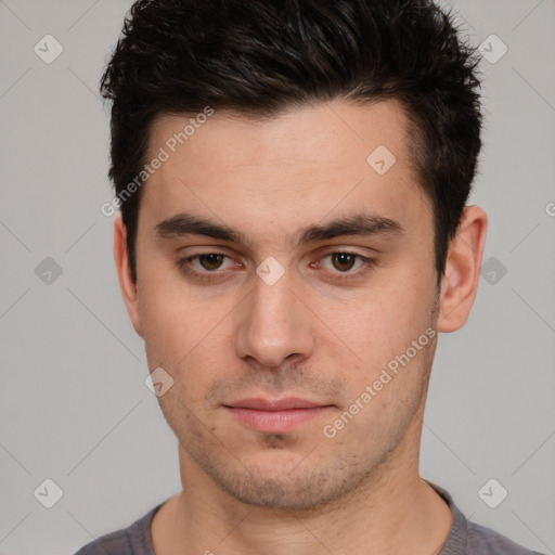 Neutral white young-adult male with short  brown hair and brown eyes