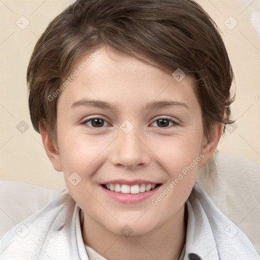 Joyful white child female with medium  brown hair and brown eyes