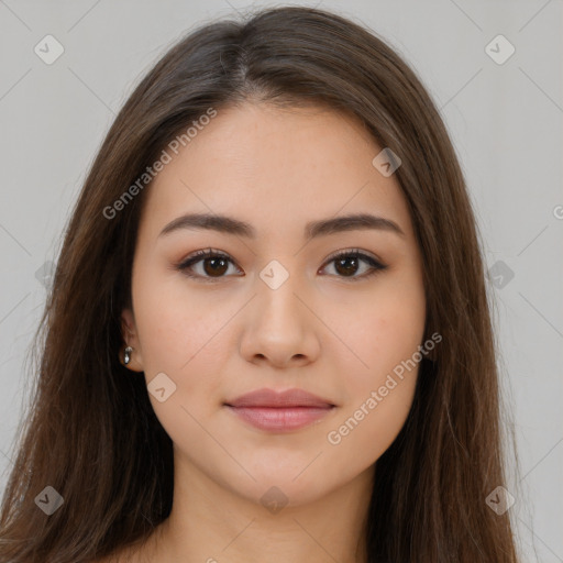 Neutral white young-adult female with long  brown hair and brown eyes