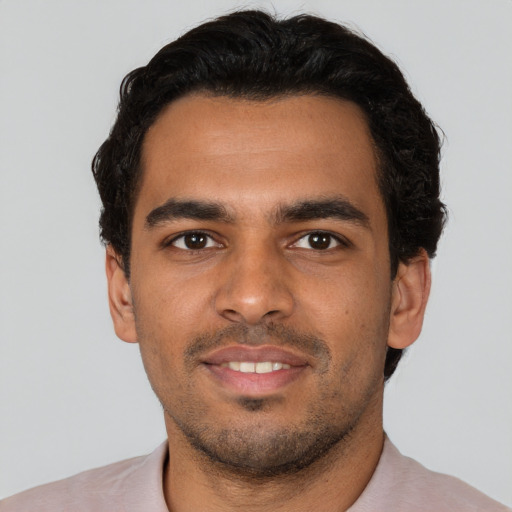 Neutral latino young-adult male with short  black hair and brown eyes