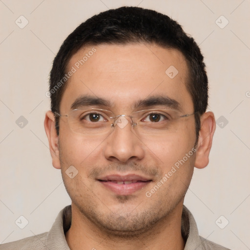 Joyful white young-adult male with short  black hair and brown eyes