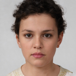 Neutral white young-adult female with short  brown hair and brown eyes