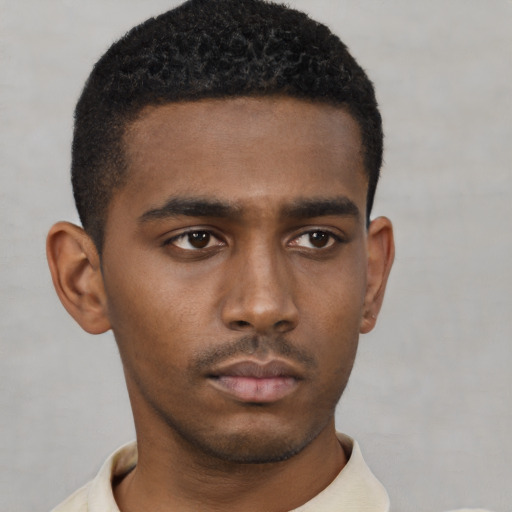 Neutral black young-adult male with short  black hair and brown eyes