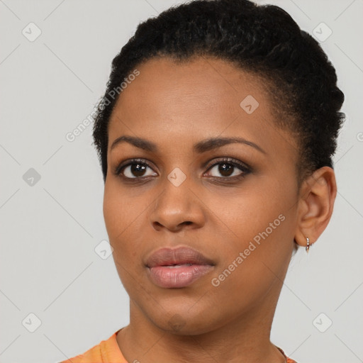 Neutral black young-adult female with short  black hair and brown eyes